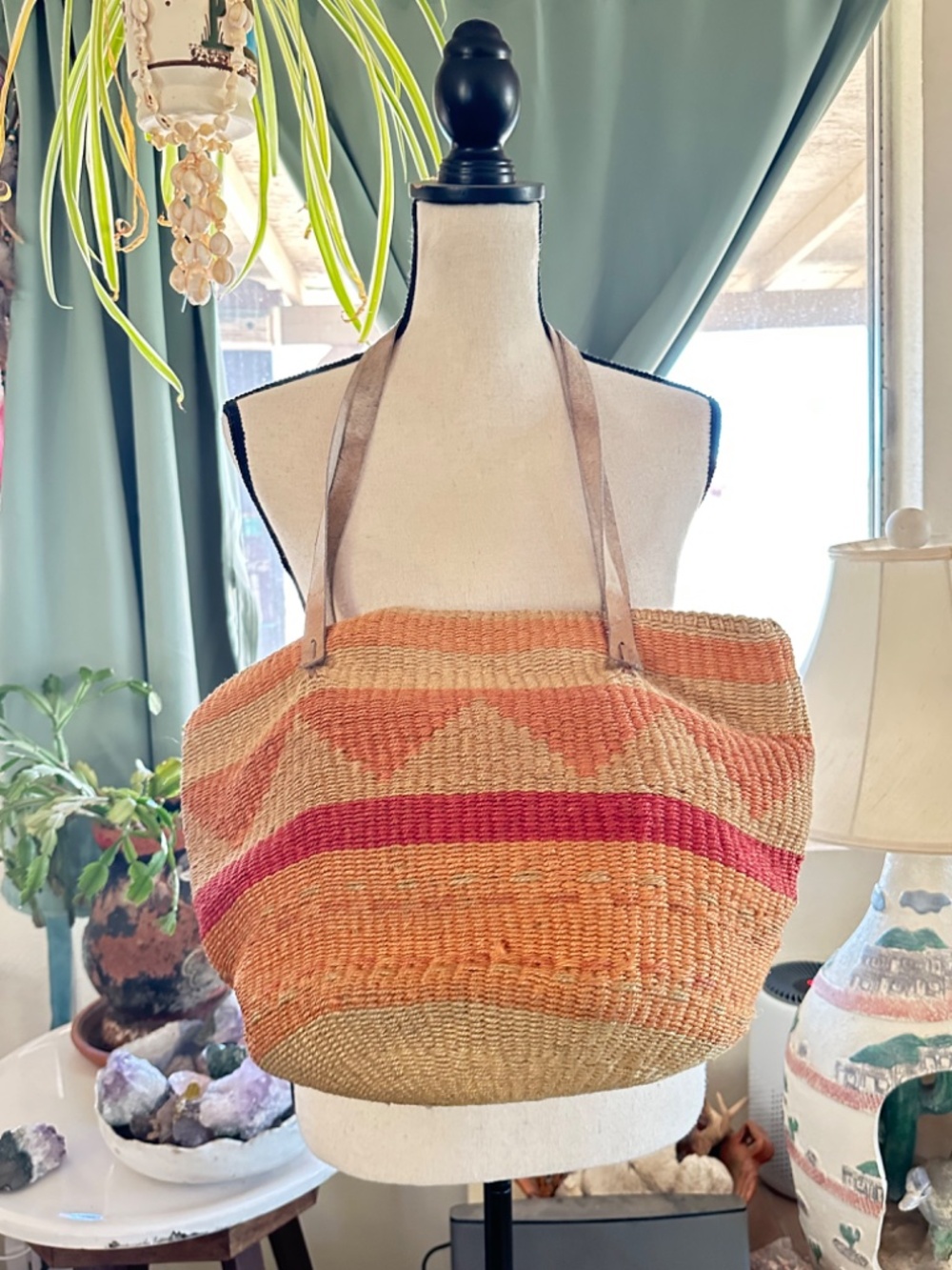 1980s Burlap SHOULDER BAG Woven Jute Geometric Pattern